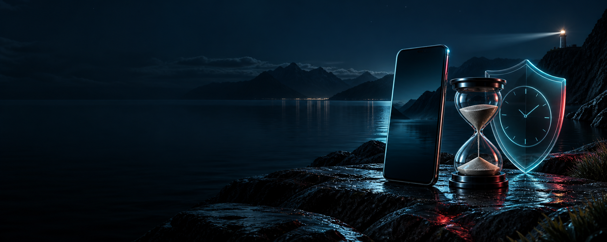 Smartphone, hourglass and protective clock shield beside a New Zealand lake